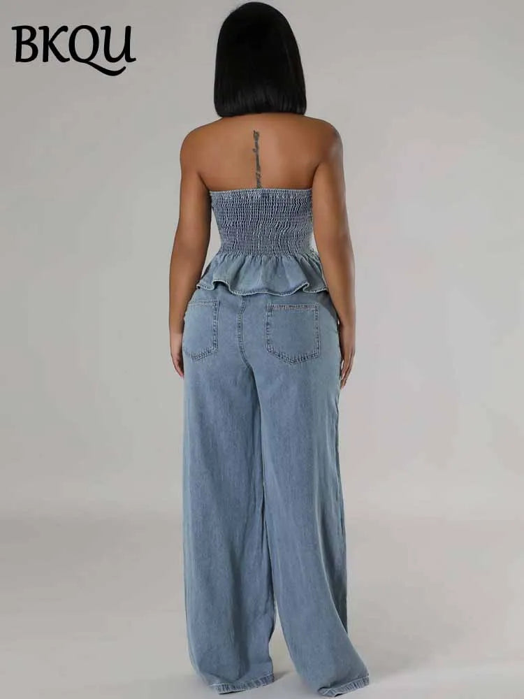 BKQU Denim Women Two Pieces Elegant Strapless Ruffles Top And Wide Leg Pants Matching Set 2025 Fashion Elastic Blue Jeans Outfit