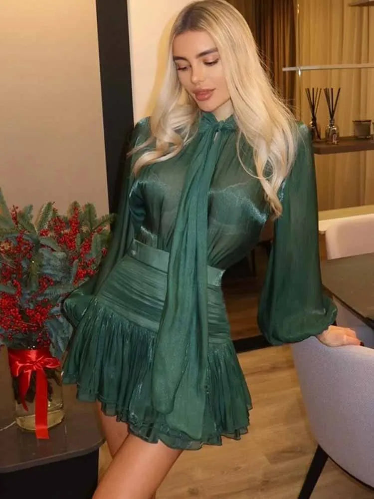 BKQU Elegant Lace Up Shirts Women Ruffles Skirt Sets Fashion Loose Full Sleeve Blouse Pleated Mini Skirts 2 Pieces Lady Outfits