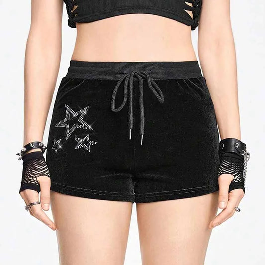 BKQU Velvet Y2k Shorts Women Star Rhinestone Black Drawstring Casual Shorts Low Waist Elastic Spicy Girl 2025 Fashion Streetwear
