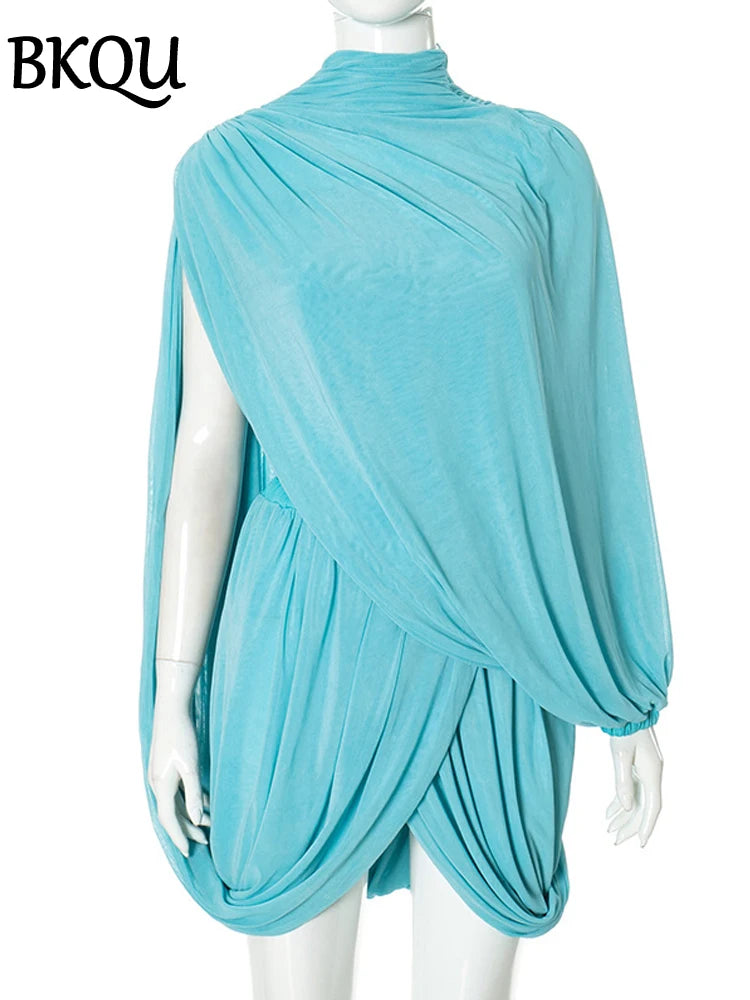 BKQU Ruched Split Skirt Two Piece Set Women Sexy Strapless Vest Long Sleeve Shawl And Mini Skirts Suit Female Party Club Outfits