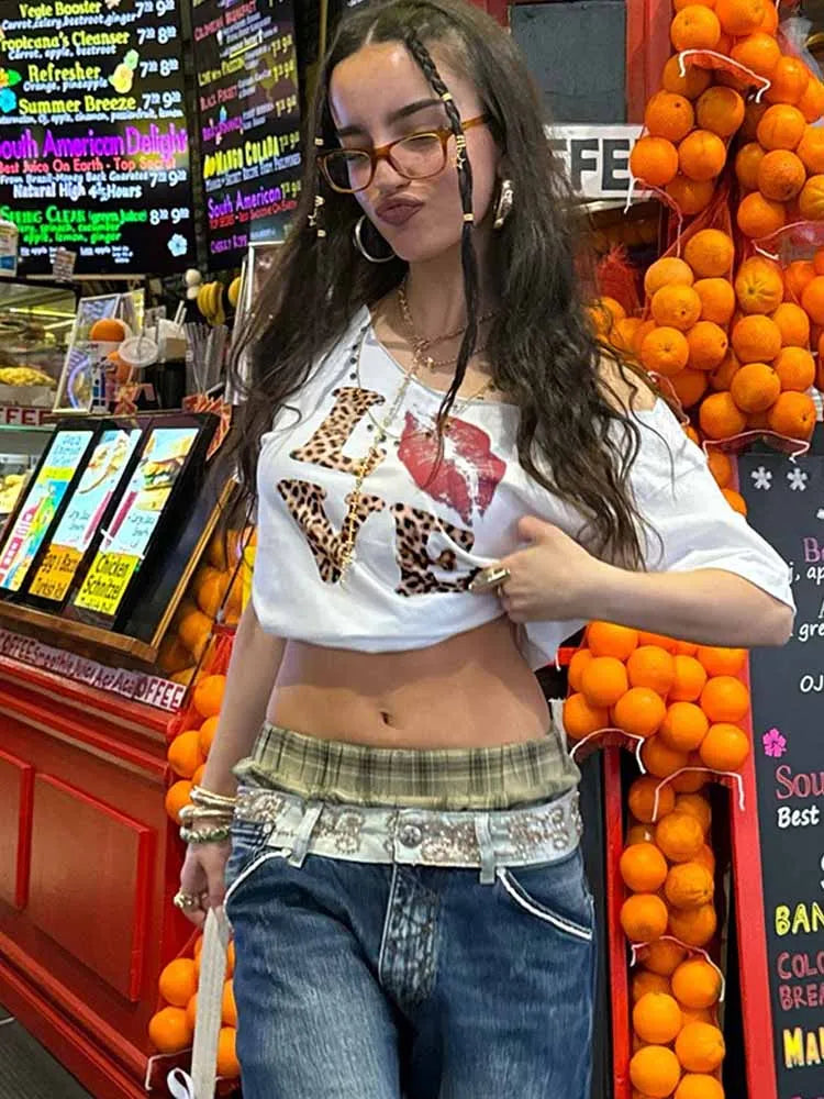 BKQU Aesthetic Y2k Crop Tops Women Leopard Letter Print Summer V Neck Short Sleeve T-Shirt 2000s E-Girl Streetwear Slim Baby Tee