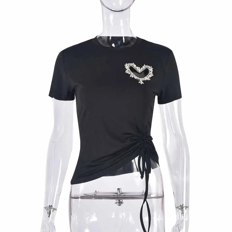 BKQU Rhinestone Fashion T-Shirt Women Y2k Tops Hollow Love Drawstring Casual O-Neck Short Sleeve Tee Tops Daily Streetwear 2025