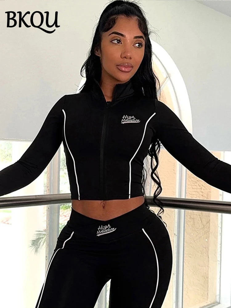 BKQU Patchwork Tracksuit Women 2 Piece Sets Casual Long Sleeve Zip Crop Tops High Waist Leggings Matching Skinny Pants Suit 2024
