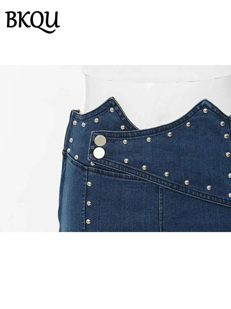 BKQU Skinny Pencil Jeans Women Beaded Decoration Fashion Irregular Waist Stretch Denim Pants 2025 New Elegant Jeans Trousers y2k