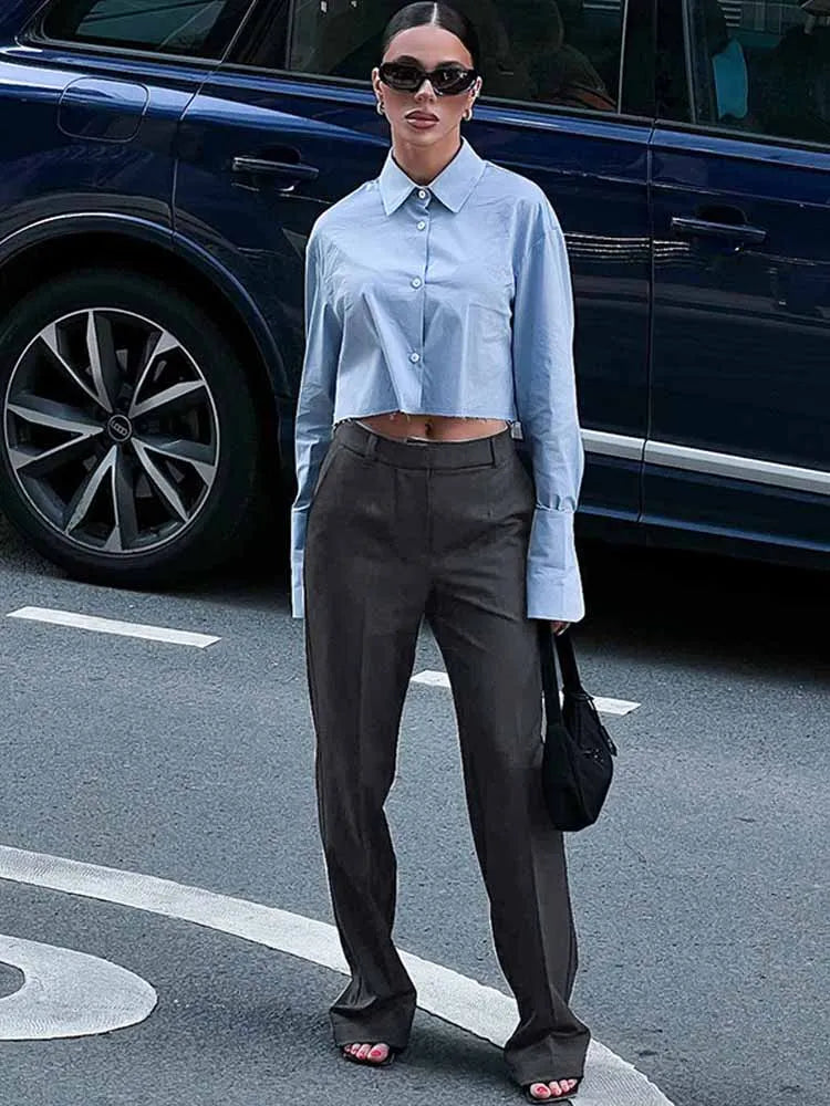 BKQU High Street Women Straight Suit Pants Elegant High Waist Gray Slim Ofiice Lady Casual Trouser Korean Fashion Pants 2025 New