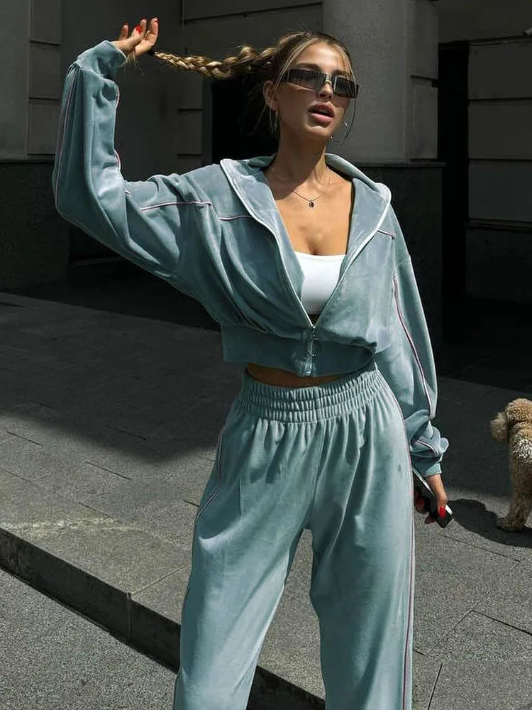 BKQU Velvet Tracksuit Women 2 Piece Set Fashion Lapel Sweatshirt Zip Jacket and Wide Leg Pants Suit Autumn Winter Y2K Streetwear