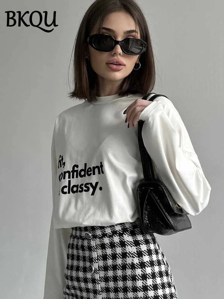 BKQU Letter Printed Women Long Sleeve T-Shirt Cotton Loose O Neck Pullover Tees Casual All-match Female Harajuku Streetwear 2025
