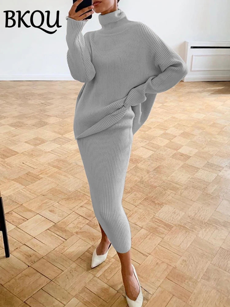 BKQU Knitted Dress Sets Women Loose Turtleneck Sweater Pullover And High Waist Long Skirt Two-Piece Set 2024 Fall Winter Outfits