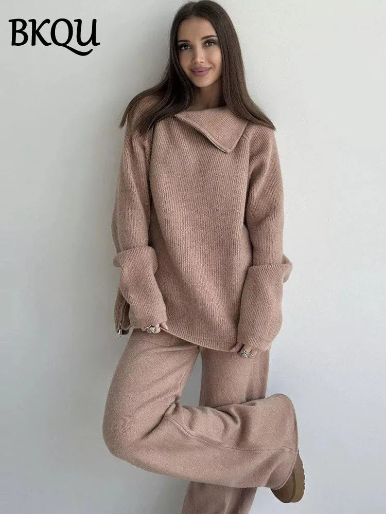 BKQU Turtleneck Zipper Sweater Knitted Pants Two Piece Set Women Autumn Winter Casual Warm Pullover Elastic Wide Leg Tracksuits