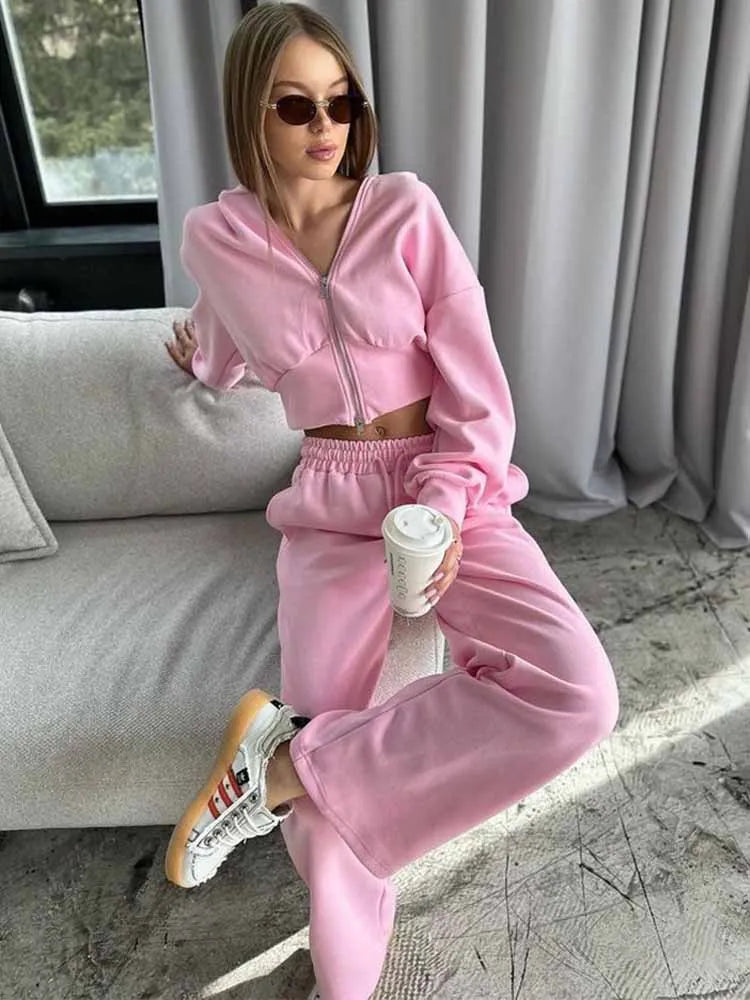 BKQU Casual Pants Sets Woman Hooded Long Sleeve Zipper Sweatshirt Solid Lace-up Wide Leg Sweatpants 2025 New Fashion Tracksuit