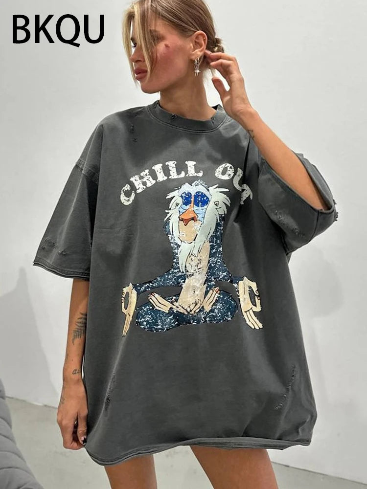 BKQU Letter Printed Loose T shirts Women 2024 High Street Graphic Short Sleeve Pullovers Tops Casual O-neck Kawaii Female Tees