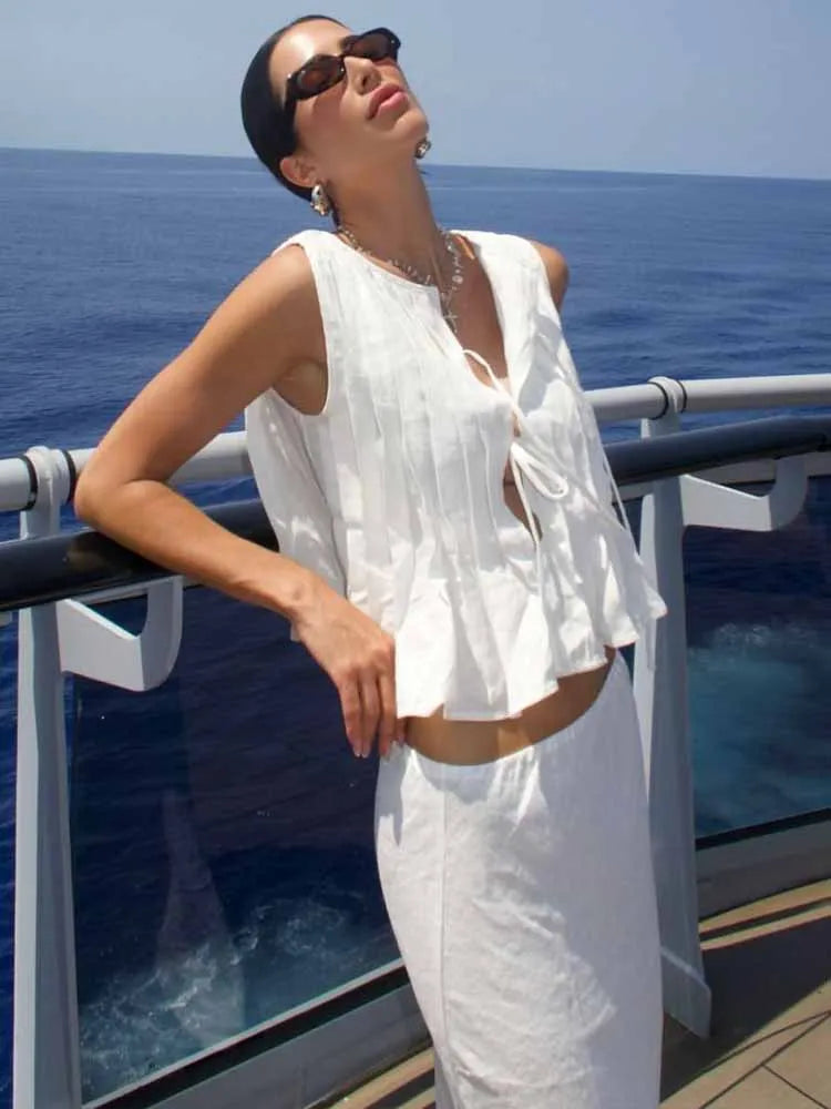 BKQU Linen Lace Up Sleeveless T shirts Women pleated Hollow Out O-neck Bow Crop Tops 2024 Summer Street Casual Female Tank Tops