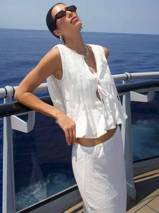 BKQU Linen Lace Up Sleeveless T shirts Women pleated Hollow Out O-neck Bow Crop Tops 2024 Summer Street Casual Female Tank Tops