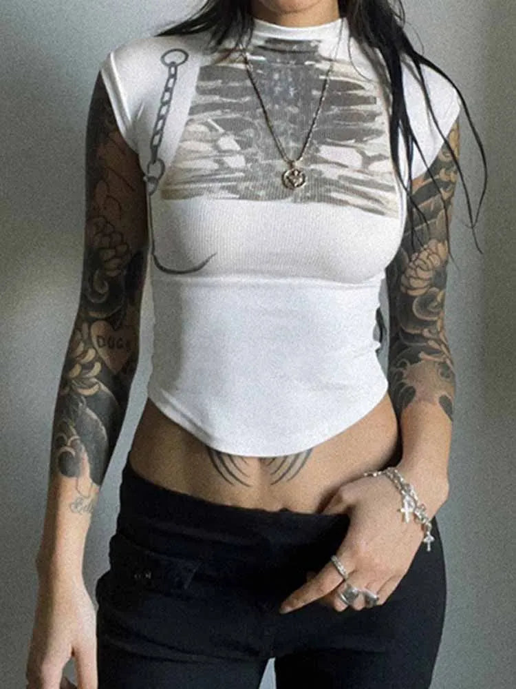 BKQU Vintage Print Graphic T Shirts Women Y2k Aesthetic Skinny Crop Top Summer Casual White Knitted Short Sleeve Basic Tees 2025