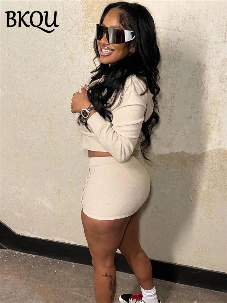 BKQU Casual Hoodie 2 Piece Women Skirt Sets Autumn Fashion Crop Zipper Jacket And Hip Wrap Mini Skirt Matching Tracksuit Outfits