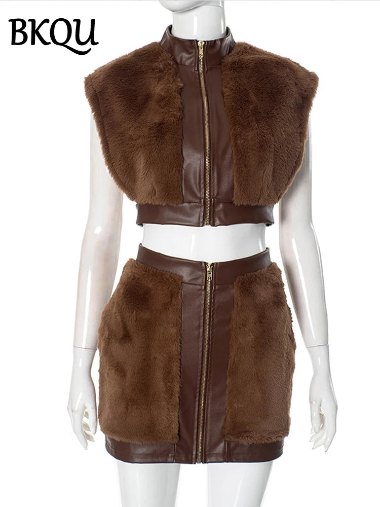 BKQU Sexy Y2K Furry Leather Skirt Suit Women Fashion Zipper Sleeveless Crop Tops Bodycon Mini Skirts Warm Elegant 2 Piece Sets