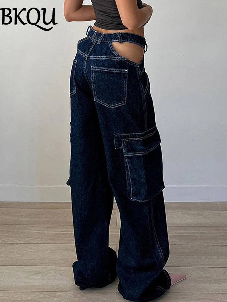 BKQU Wide Leg Cargo Jeans Women Low Waist Hollow Out Y2K Punk Baggy Pockets Straight Denim Pants Vintage Hip Hop Streetwear 2024