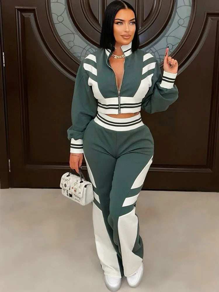 BKQU Zipper Sweatshirt Pants 2 Piece Set Women Contrast Patchwork Long Sleeve Crop Jacket Wide Leg Jogging Pant Casual Tracksuit