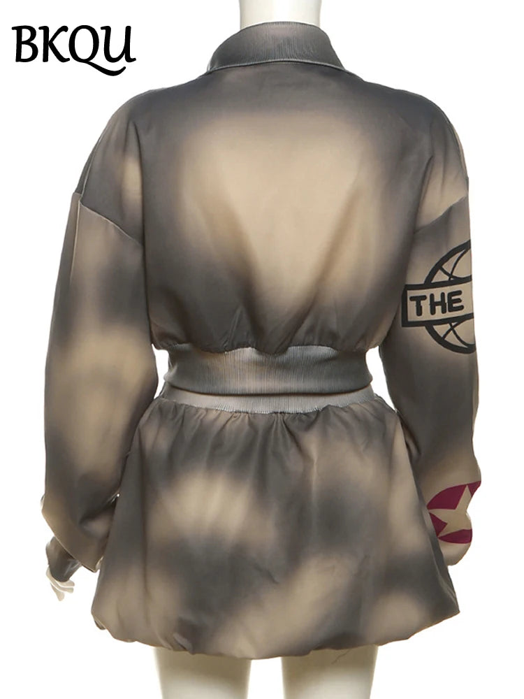 BKQU Vintage Tie Dye 2 Piece Set Women Letter Print Zip Crop Jacket and Puffy Mini Skirt Outfits Fashion Matching Y2K Streetwear