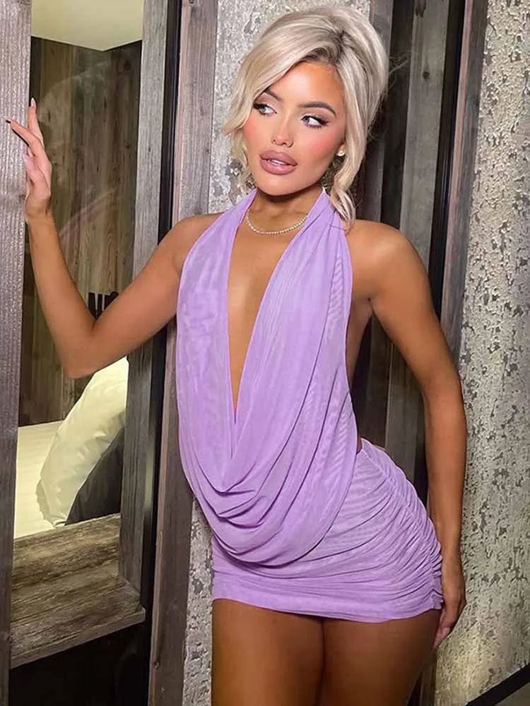 BKQU Mesh Sexy Ruched Women 2 Piece Set Deep V-Neck Halter Swinging Backless Top See Through Mini Skirt Y2k Midnight Club Outfit