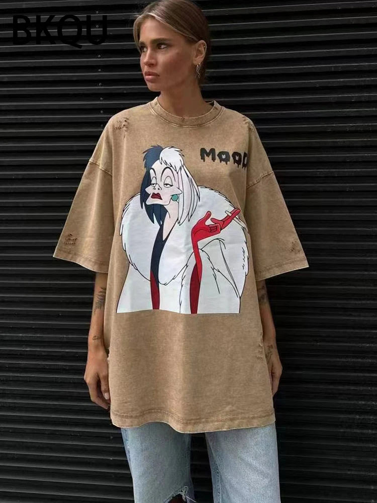 BKQU Oversized T-shirt Women Graphic Print Ripped Half Sleeve Tee Shirts High Street Hip Hop Female Pullovers Vintage Loose Tops