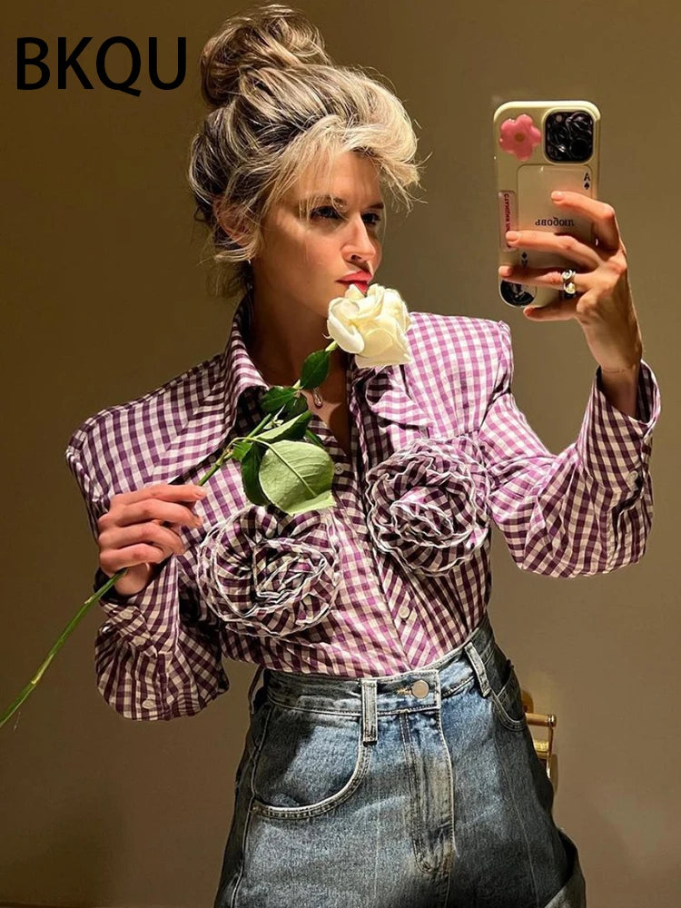 2024 New 3D Three-Dimensional Floral Blouses Women Elegant Long Sleeve Lapel Plaid Shirt Jacket Buttons Wide Shoulder Blouse Top