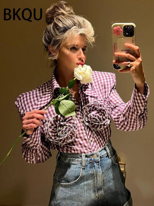 2024 New 3D Three-Dimensional Floral Blouses Women Elegant Long Sleeve Lapel Plaid Shirt Jacket Buttons Wide Shoulder Blouse Top