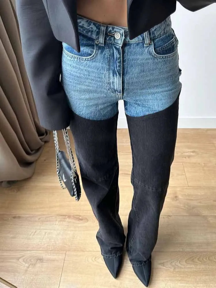BKQU Contrast Patchwork Straight Jeans Women Vintage High Waist Washed Pocket Denim Trousers 2025 Spring Fashion Lady Streetwear