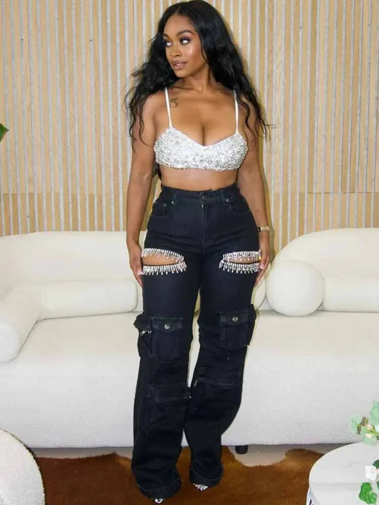 BKQU Unique Diamonds Hollow Out Straight Jeans Women Multi Pocket Cargo Pants Elegant Shiny Rhinestone Wide Leg Denim Trousers