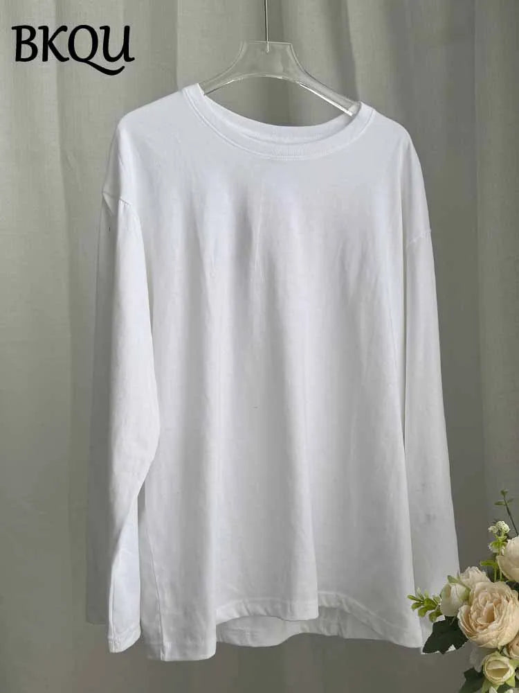 BKQU Solid Color Long Sleeve T Shirt Women Oversized Basic O-neck Cotton Tops Female Casual Soft Loose Pullover Tshirt 13 Colors