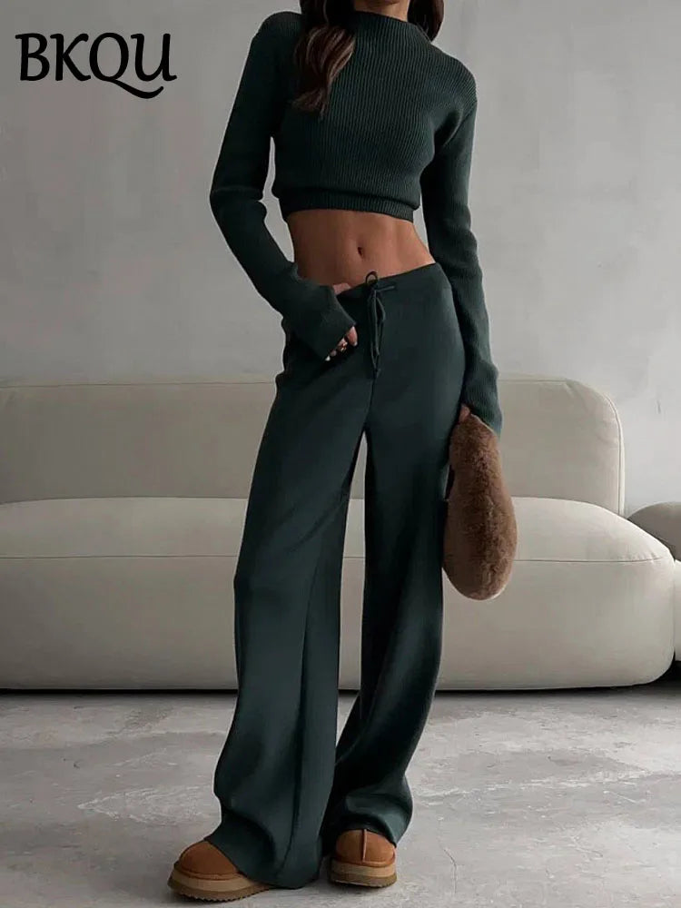 BKQU Knitted Pants Sets Women 2 Piece Set Turtleneck Long Sleeve Sweater Wide Leg Trouser Female Autumn Winter Casual Warm Suits