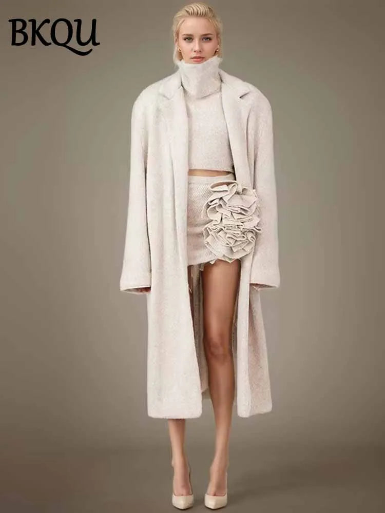 BKQU Knitted 3 Piece Set Women Temperament Long Sweater Cardigan Turtleneck Sleeveless Vest 3D Flower Mini Skirts Chic Sets 2025