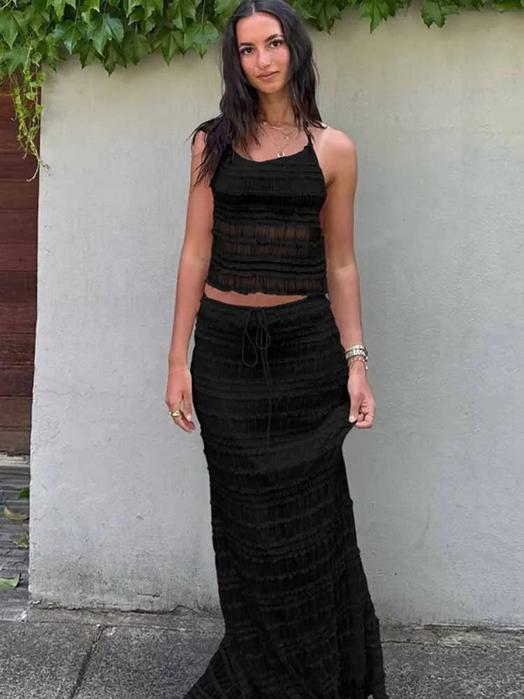 BKQU Ruched Sexy Backless 2 Pieces Beach Holiday Outfits Women Halter Lace-Up Crop Tops Elegant Long Skirts Matching Set 2025