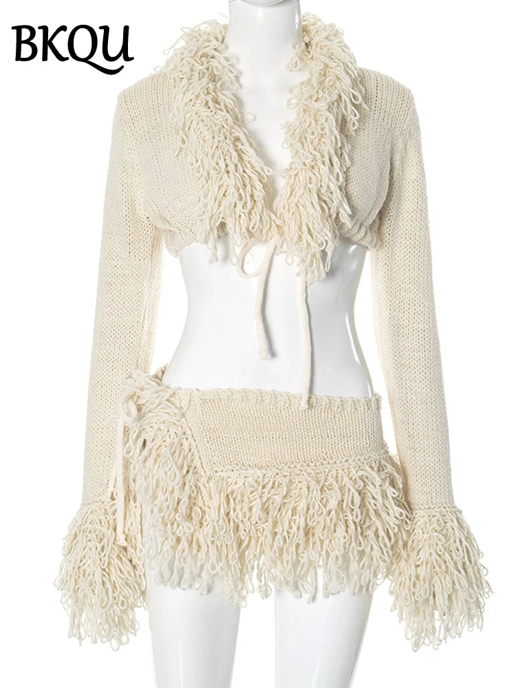 BKQU Knitted Tassels Women 2 Piece Set Long Sleeve Lace-Up Cardigan Sweater and Mini Skirts Matching Sexy Party Clubwear Winter