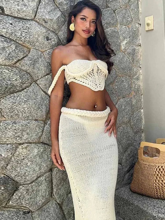 BKQU Crochet Knit Skirts Set Women Sexy Hollow Out Lace Up Crop Tops Hip Package Split Long Skirt Elegant 2 Pieces Beach Outfits