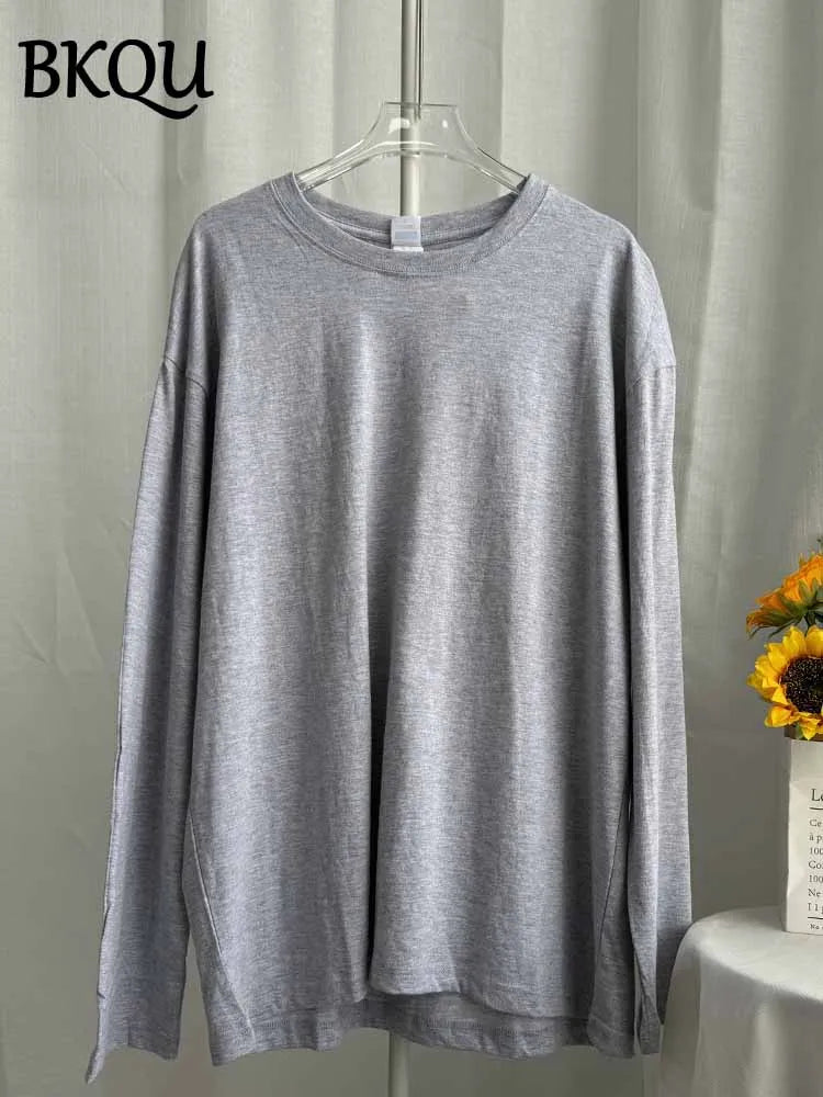 BKQU Solid Color Long Sleeve T Shirt Women Oversized Basic O-neck Cotton Tops Female Casual Soft Loose Pullover Tshirt 13 Colors
