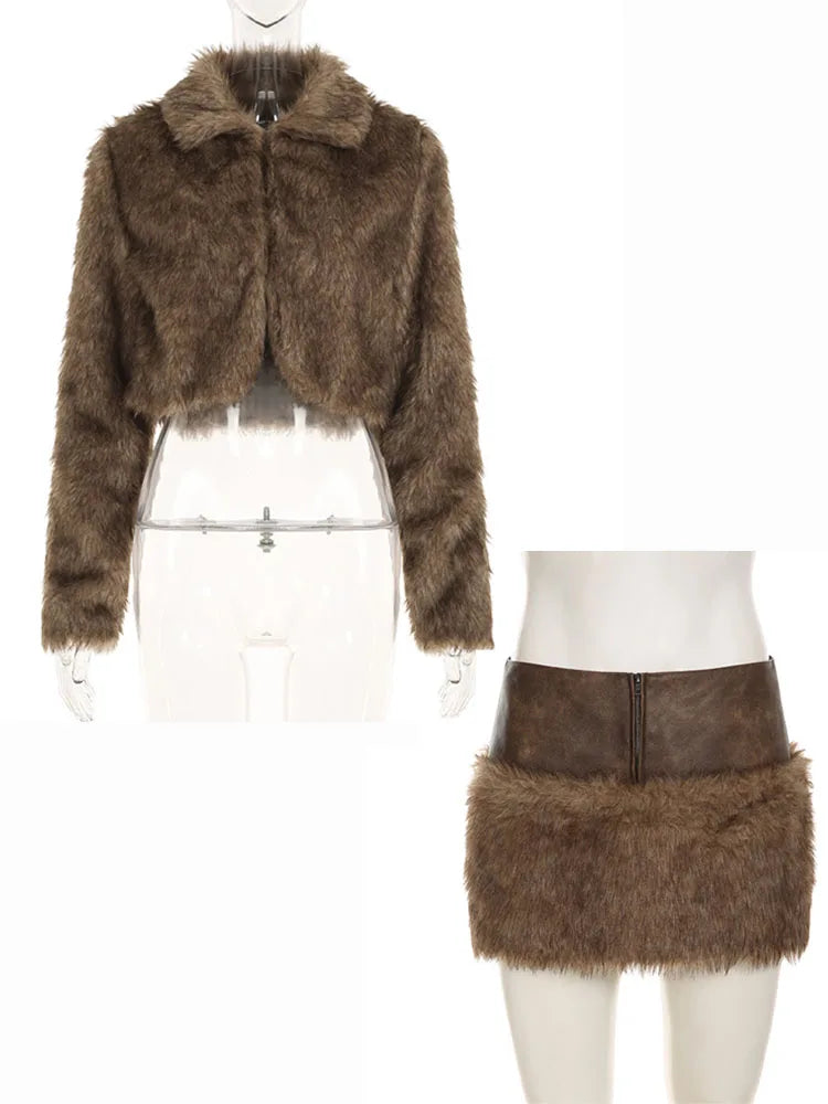 BKQU Leather Splicing Faux Fur 2 Piece Sets Women Autumn Winter Fluffy Warm Lapel Full Sleeve Crop Jacket Low Waist Mini Skirts