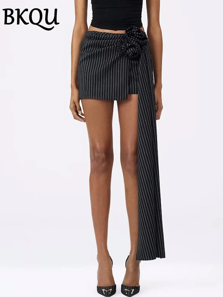 BKQU 2024 Designer Striped Mini Skirts Women 3D Three-dimensional Floral y2k Irregular Hem High Waist Micro Skirts Party Club
