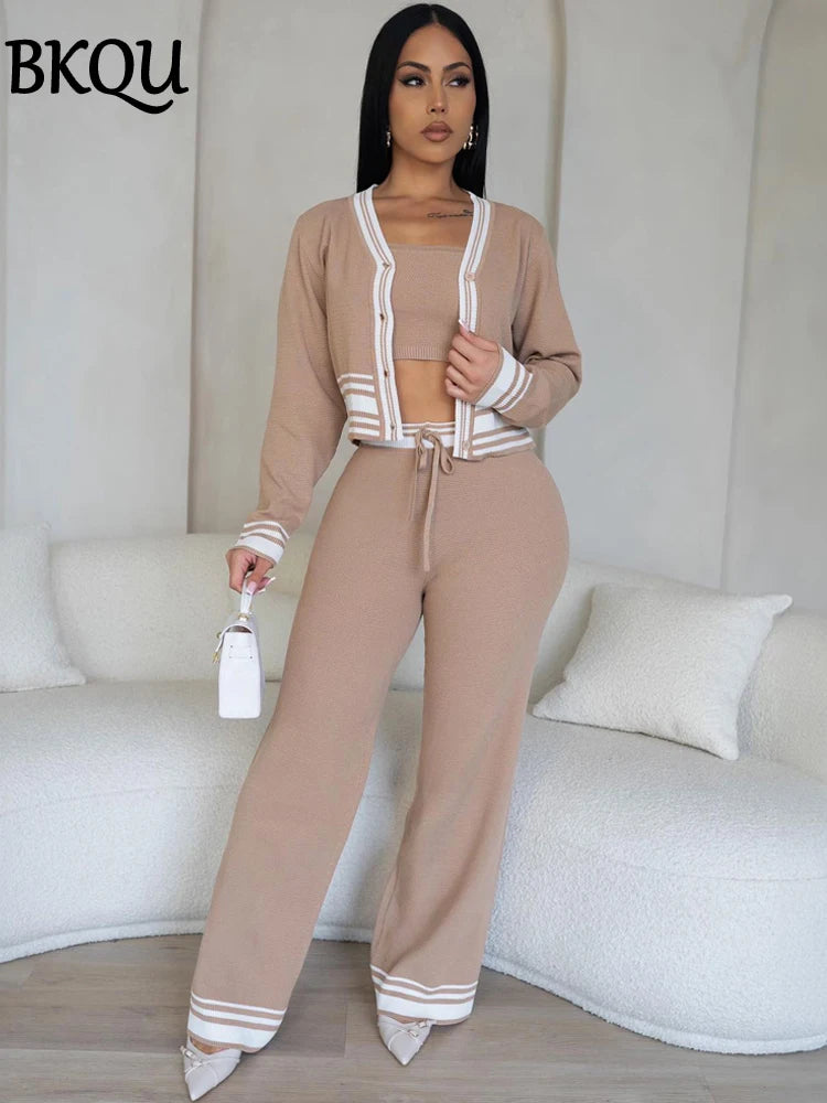 BKQU Knitted 3 Piece Set Elegant Women Long Sleeve Button Cardigan+Mini Vest and Wide Leg Pants Tracksuit Striped Knitted Suit