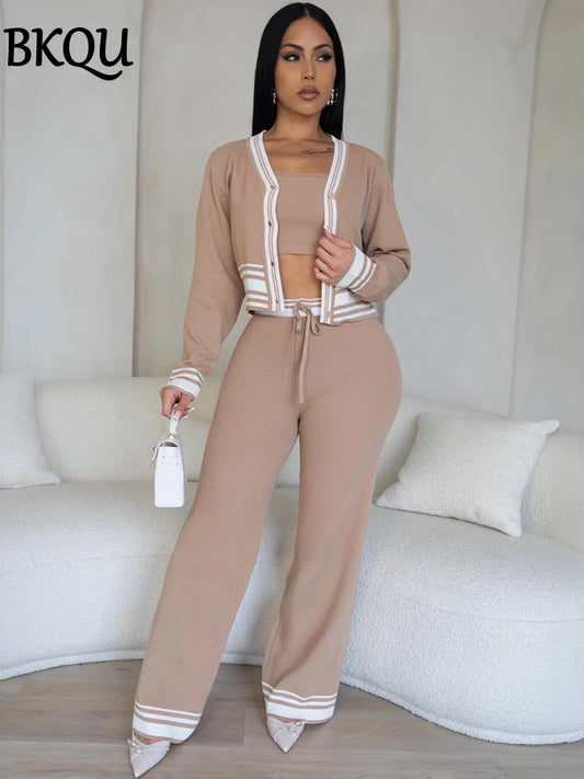 BKQU Knitted 3 Piece Set Elegant Women Long Sleeve Button Cardigan+Mini Vest and Wide Leg Pants Tracksuit Striped Knitted Suit