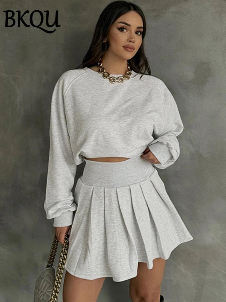 BKQU Pleated Skirt 2 Piece Set Women Casual Tracksuit Long Sleeves Sweatshirt and High Waist Mini Skirts Matching Outfits Autumn