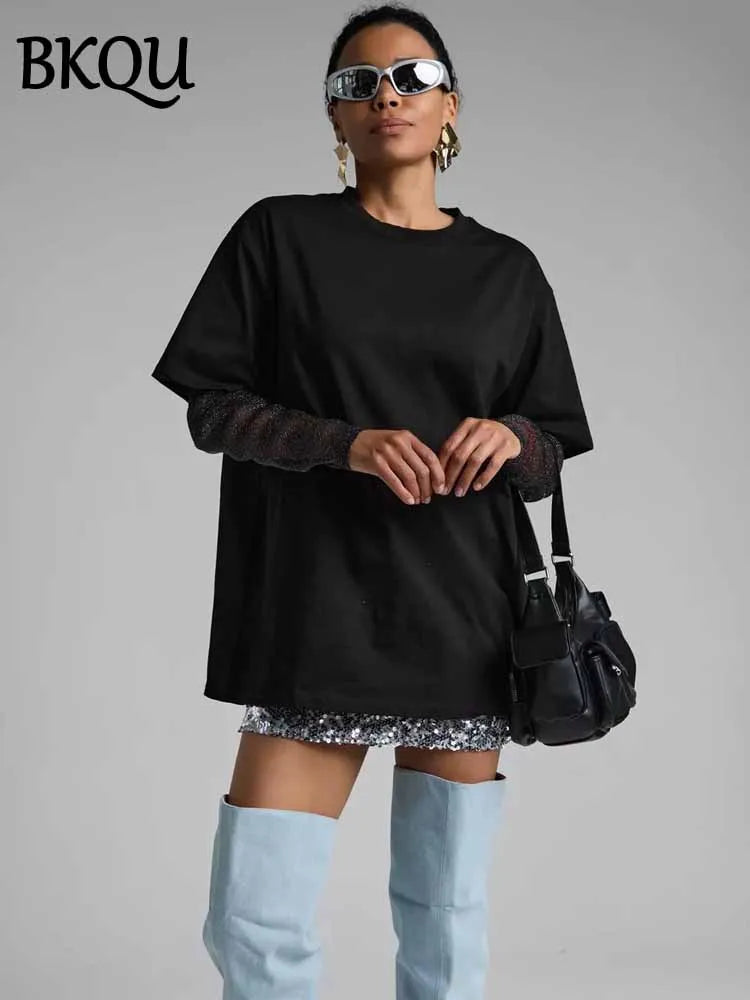 BKQU Summer Oversize T Shirt Women Cotton Patchwork Bright Mesh Long Sleeve Fake Two Pieces Top 2025 New Chic Female Street Tees