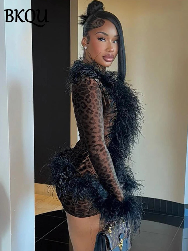 BKQU Leopard Print Sexy Lace Up Cardigan Mini Skirts 2 Piece Set Women Feather Patchwork Tops Bodycon Skirts y2k Party Clubwear