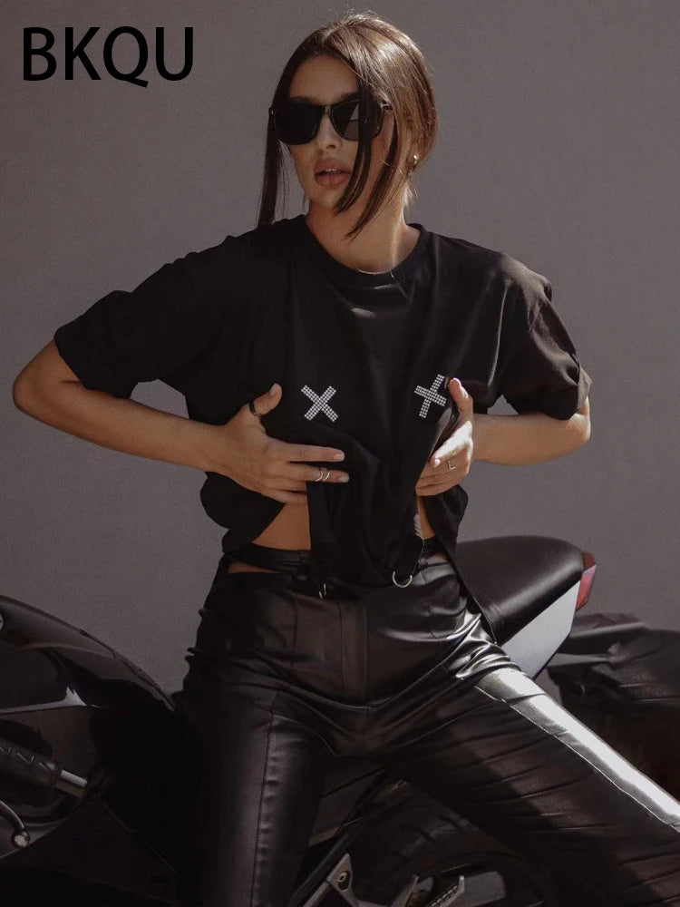 BKQU Irregular Fashion Rhinestone T-Shirts Women Oversized Short Sleeve Diamond Tees Pullovers Casual Loose Streetwear Top 2024