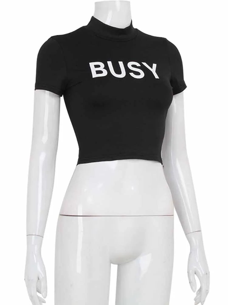 BKQU Letter Printed Baby Tees Women Casual Solid O-neck Short Sleeve T-Shirt Summer Fashion Streetwear Y2K Slim Fit Crop Tops