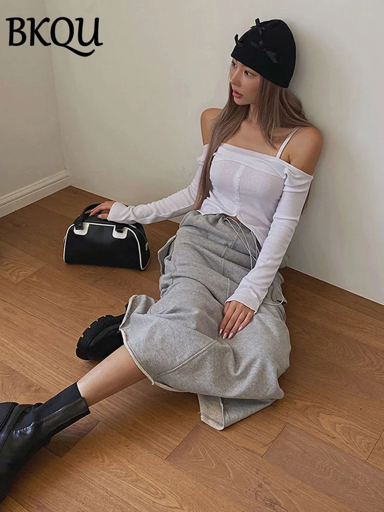 BKQU Pockets Adjustable Drawstring Split Long Skirt Women Fashion High Waist Straight Cargo Skirts 2024 Street Casual Maxi Skirt