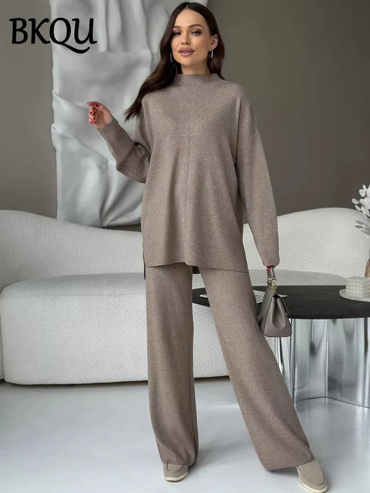 BKQU Casual Split Long Sleeve Sweater Pants Suits Women's Knitted Two Piece Sets Loose Soft Winter Female Commuting Outfits 2025