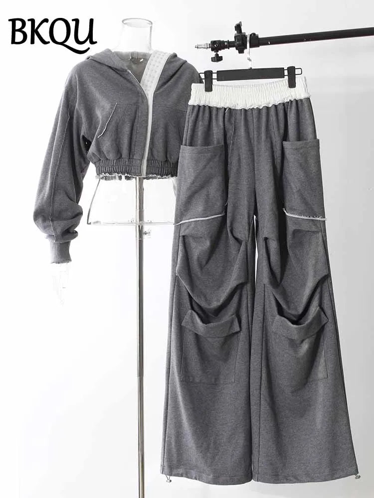 BKQU Hoodies Tracksuit Women Pant Sets Contrast Color Long Sleeve Sweatshirt Coat High Waist Pockets Wide Leg Pants 2 Pieces Set