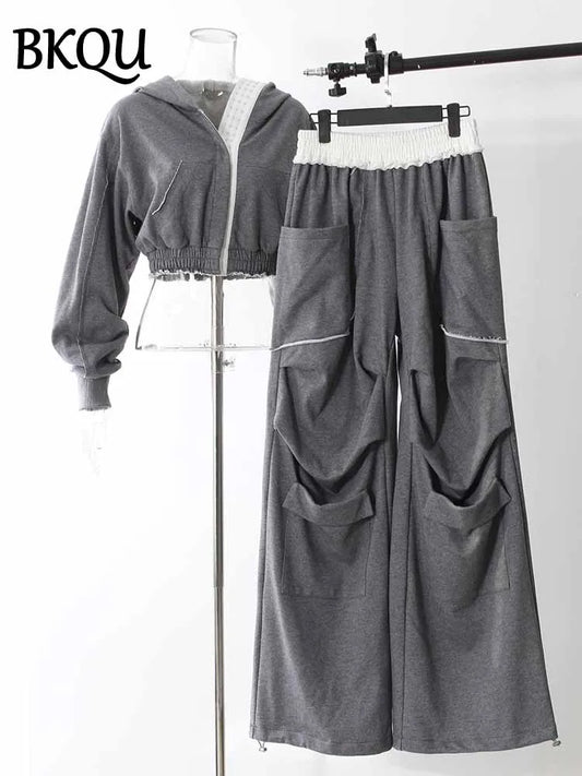 BKQU Hoodies Tracksuit Women Pant Sets Contrast Color Long Sleeve Sweatshirt Coat High Waist Pockets Wide Leg Pants 2 Pieces Set