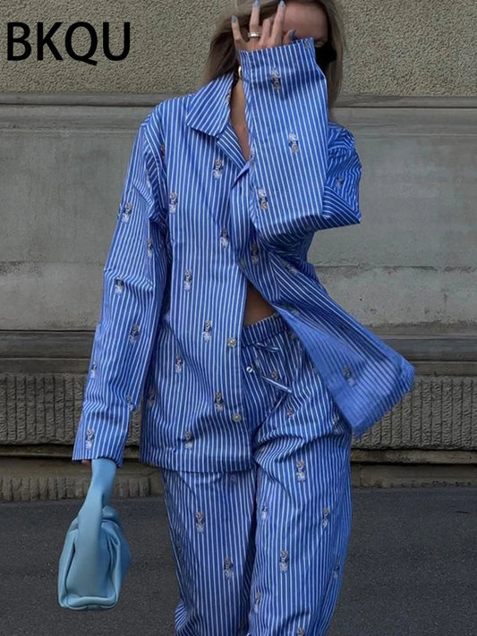 BKQU Striped Pants Set Women Fashion Cartoon Printed Long Sleeve Loose T shirts and High Waist Wide Leg Pant Two Piece Sets 2024